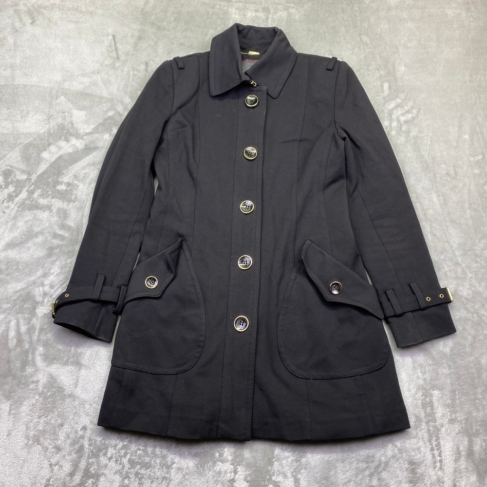 Vince‎ Camuto Black Trench Coat Womens XS Gold Hardware Button Front Jacket